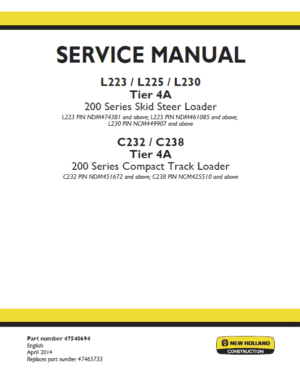 New Holland L223, L225, C232 SkidSteer Loader Service Manual