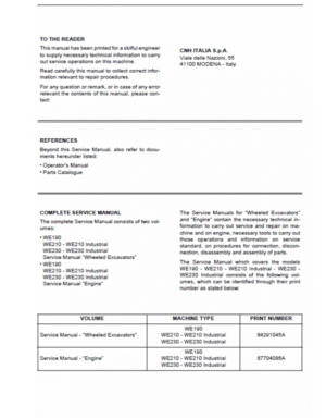 New Holland WE190, WE210, WE230 Wheel Excavator Service Manual