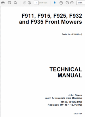 John Deere F911, F912, F915, F925, F932, F935 Front Mowers Technical Manual