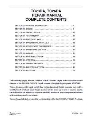 New Holland TC23DA, TC26DA Tractor Service Manual
