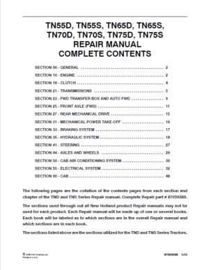 New Holland TN55D, TN65D, TN70D, TN75D Tractor Service Manual