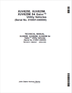 John Deere XUV825E, XUV825M, XUV825M S4 Gator Utility Vehicles Repair Manual