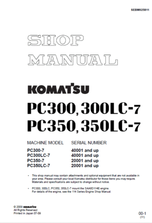 Komatsu PC300-7 PC300LC-7 Hydraulic Service Manual