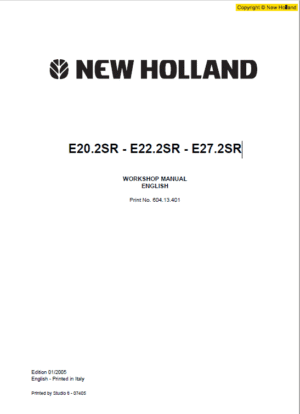 New Holland E20.2SR, E22.2SR and E27.2SR Mini Excavator Manual