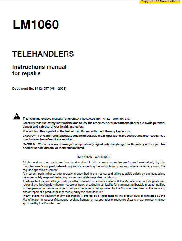 New Holland LM1060 Telehandlers Service Manual