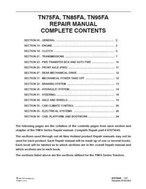 New Holland TN75FA, TN85FA, TN95FA Tractor Service Manual