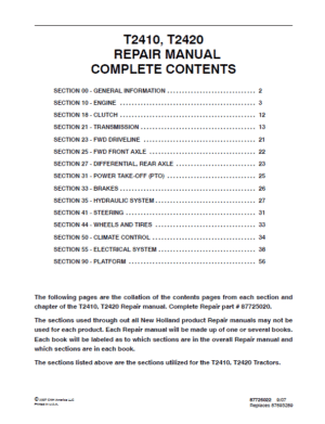 New Holland T2410 T2420 Tractor Service Manual