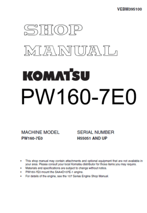 Komatsu PW160-7E0 Excavator Service Manual