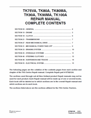 New Holland TK75VA, TK80A, TK80MA Tractor Service Manual
