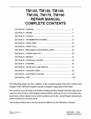 New Holland TM120, TM130, TM140, TM155, TM175, TM190 Tractors Manual
