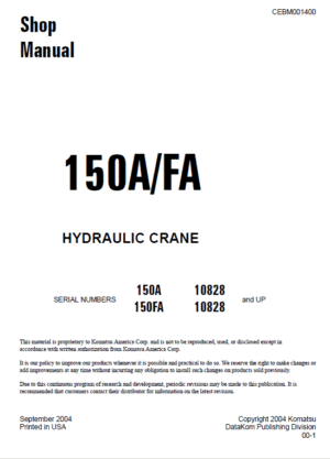 Komatsu 150A 150FA Hydraulic Crane Service Repair