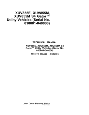John Deere XUV855E XUV855M S4 Gator Utility Vehicle Repair Manual