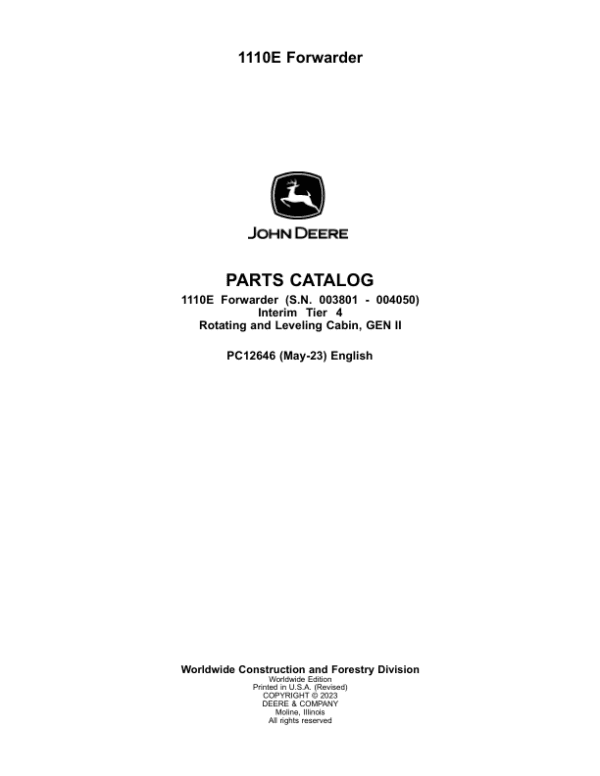 John Deere 1110E IT4 Forwarders Parts Catalog Manual SN 003801 – 004050