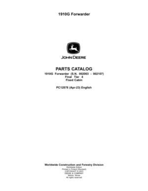 John Deere 1910G FFC Forwarders (SN 002003 – 002107) Parts Catalog Manual