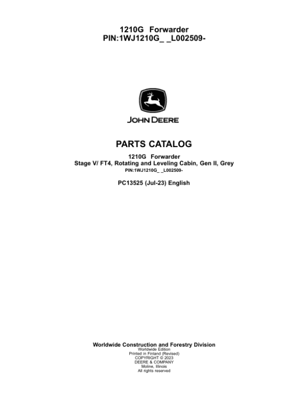 John Deere 1210G FT4 RL Forwarders (SN L002509-) Parts Catalog Manual