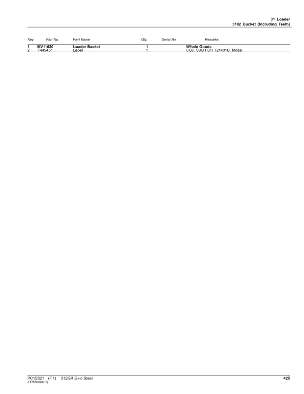 John Deere 312GR Skid Steers (SN 1T0312G_ G366358) Parts Catalog Manual - Image 2