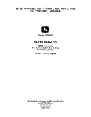 John Deere 1910E Forwarder, T3, Fixed Cabin, Gen II, Grey (SN C001884-) Parts Catalog Manual