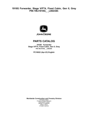 John Deere 1910G Forwarder, Stage V/FT4, Fixed Cabin, Gen II, Grey (L002340-) Parts Catalog Manual