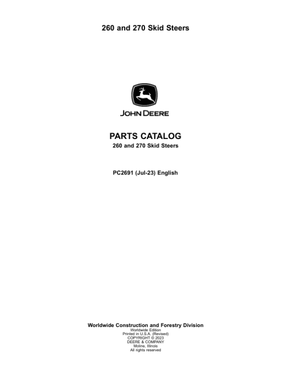 John Deere 260, 270 Skid Steers Parts Catalog Manual