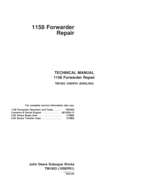 John Deere 1158 Forwarder Repair Technical Manual TM