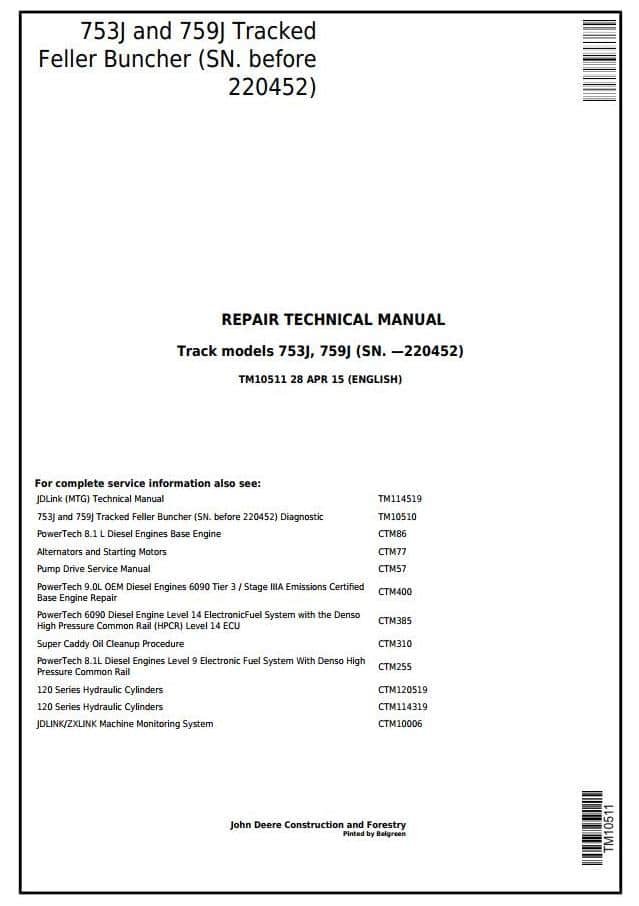 John Deere 753J 759J Tracked Feller Buncher Service Repair Manual