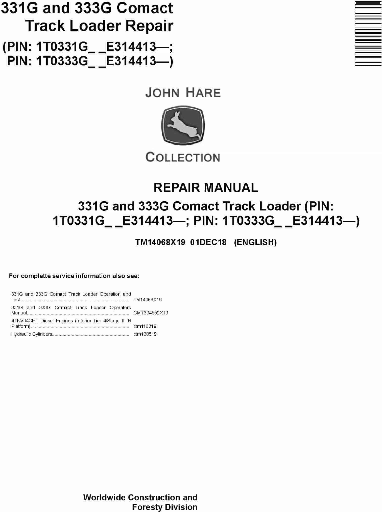 John Deere 331G 333G Loader Repair Service Manual
